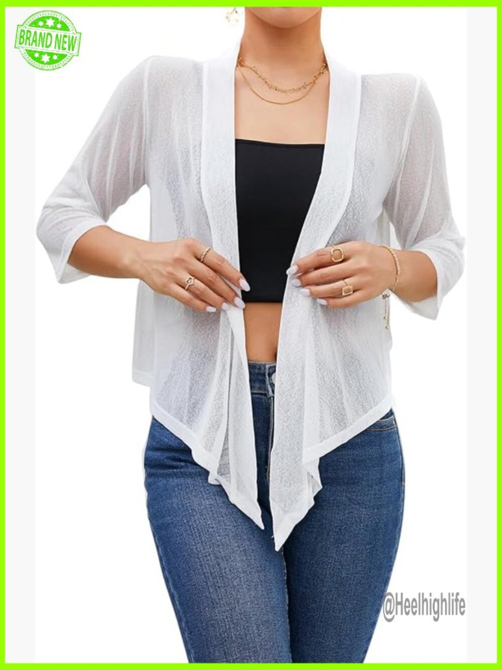 Womens Sheer Tie Front Cardigan 3/4 Sleeve Lightweight Summer Shrug